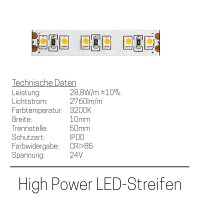 LED Steifen 24V 28,8W/m Stripe dimmbar Band warmwei&szlig;: 1-5m + Zuleitung High Performance